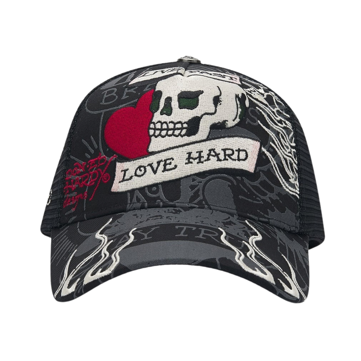 Ed Hardy Live Fast Love Hard 5 Panel Black Trucker Cap - OnSize