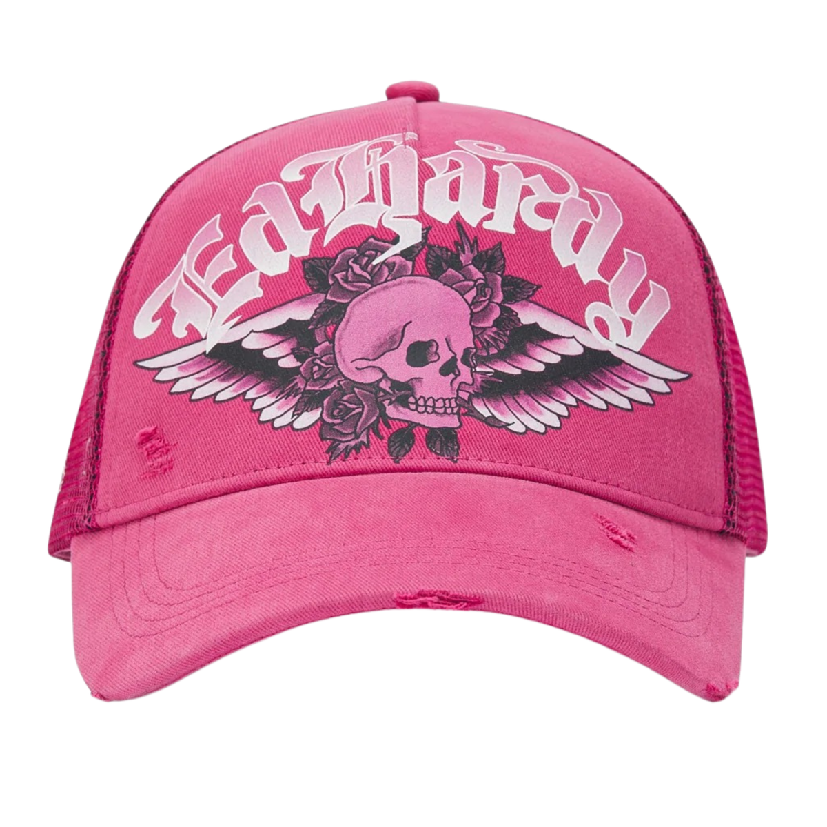 Ed Hardy Flaming Gothic Skull Washed 5 Panel Pink Trucker Cap - OnSize