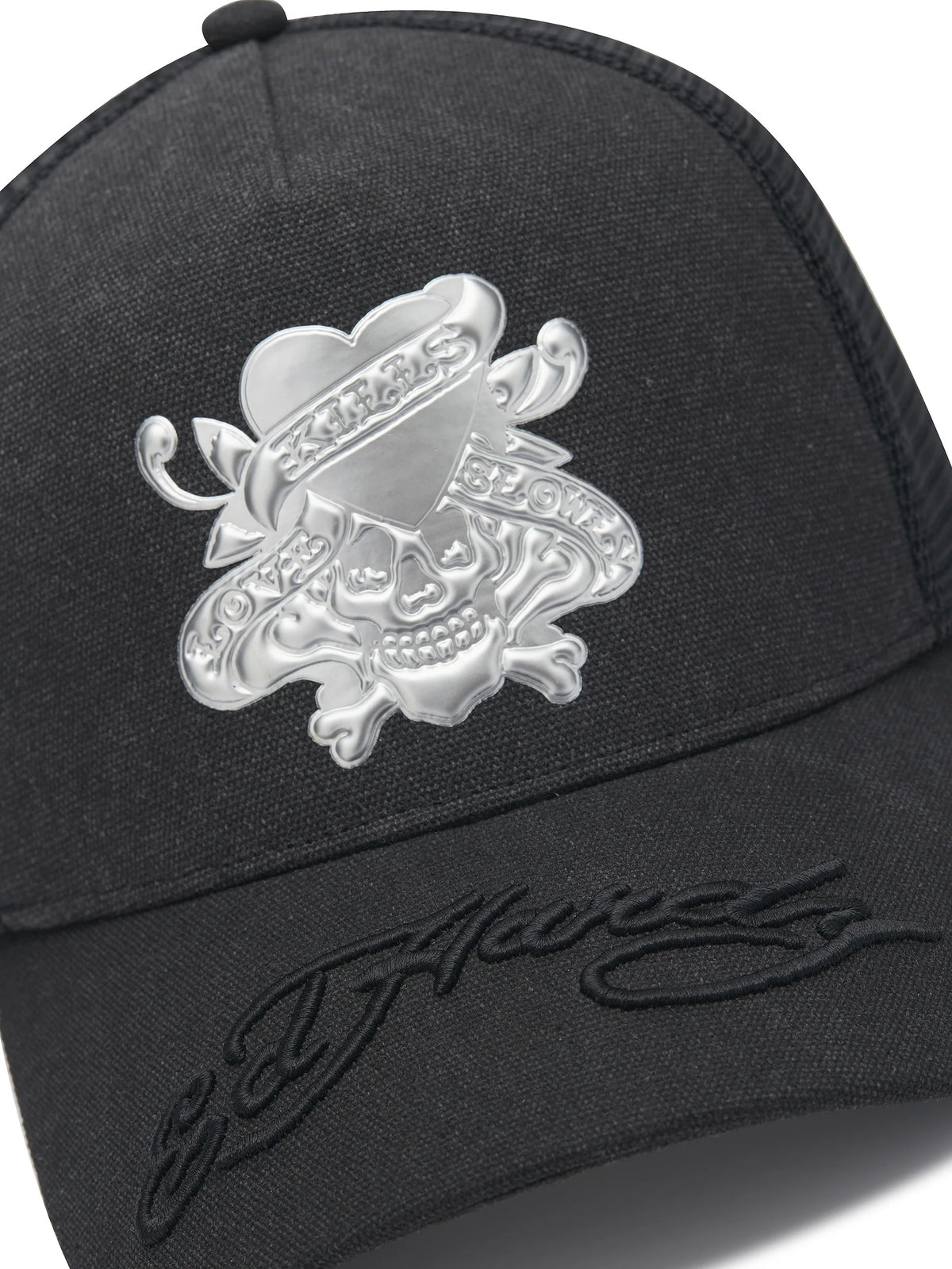 Ed Hardy Love Kills Slowly Washed 5 Panel Black Trucker Cap - OnSize