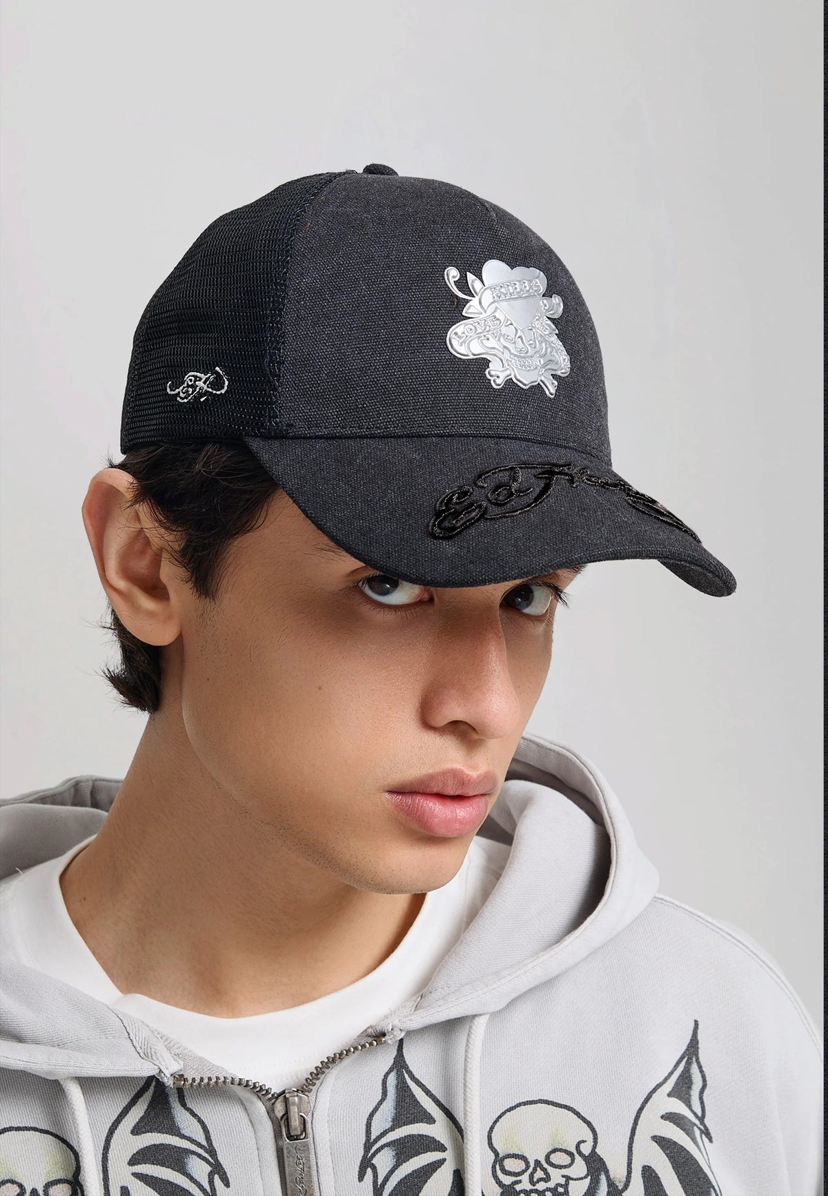 Ed Hardy Love Kills Slowly Washed 5 Panel Black Trucker Cap - OnSize