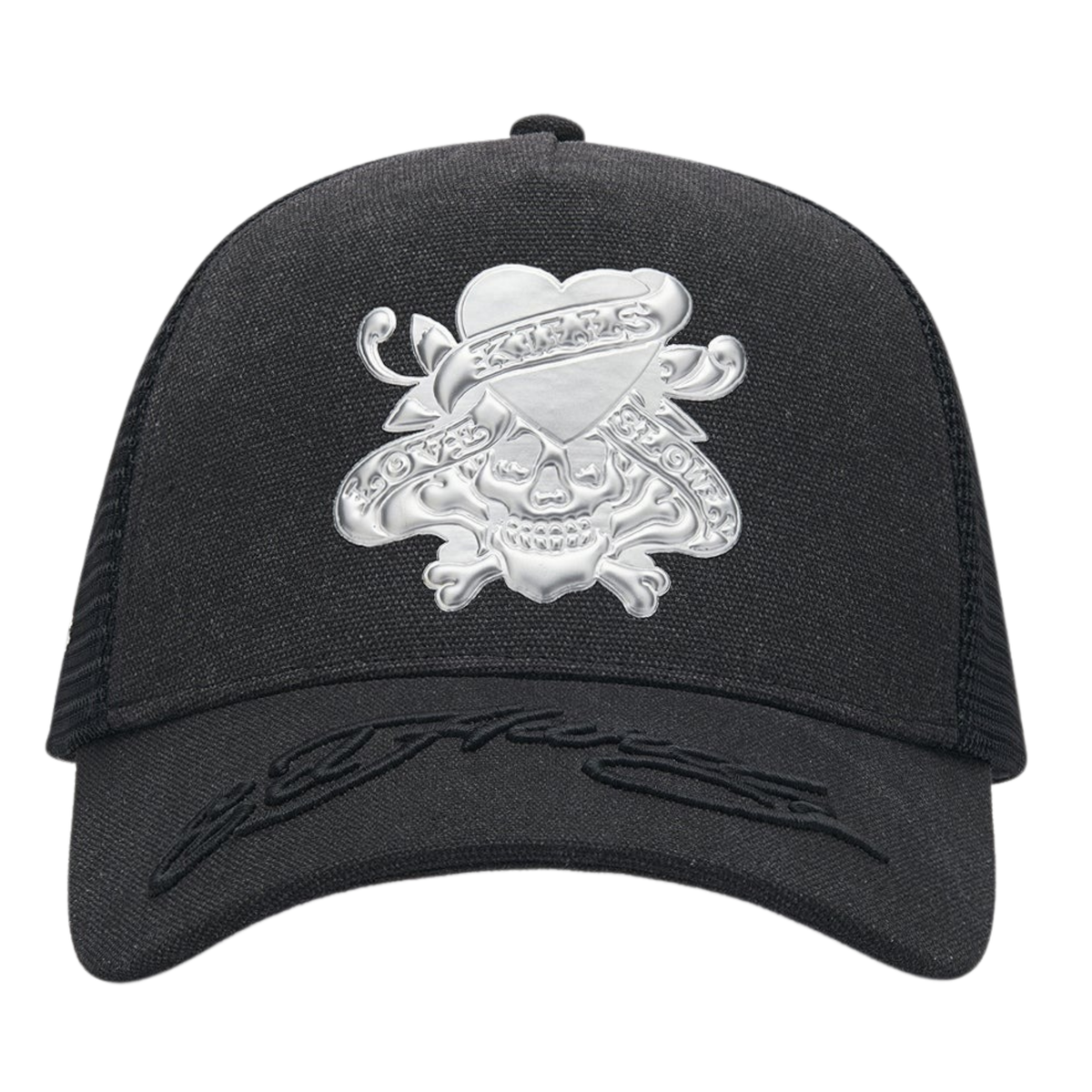 Ed Hardy Love Kills Slowly Washed 5 Panel Black Trucker Cap - OnSize