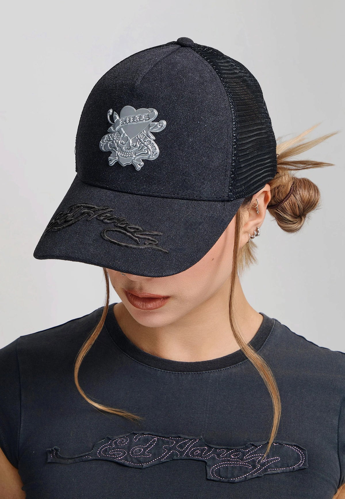 Ed Hardy Love Kills Slowly Washed 5 Panel Black Trucker Cap - OnSize